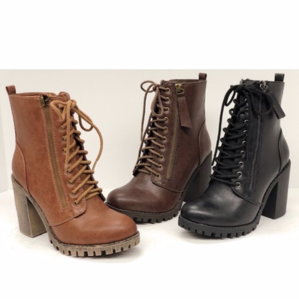 Black Vegan Leather Lace Up Heeled Combat Booties - Picture 3 of 3